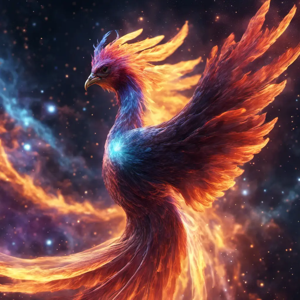 The Nebula Phoenix is a cosmic bird with wings that resemble swirling galaxies. Witness the physics of space and time as it flaps through the digital cosmos, Unreal Engine, Volumetric Lighting, Vibrant Colors