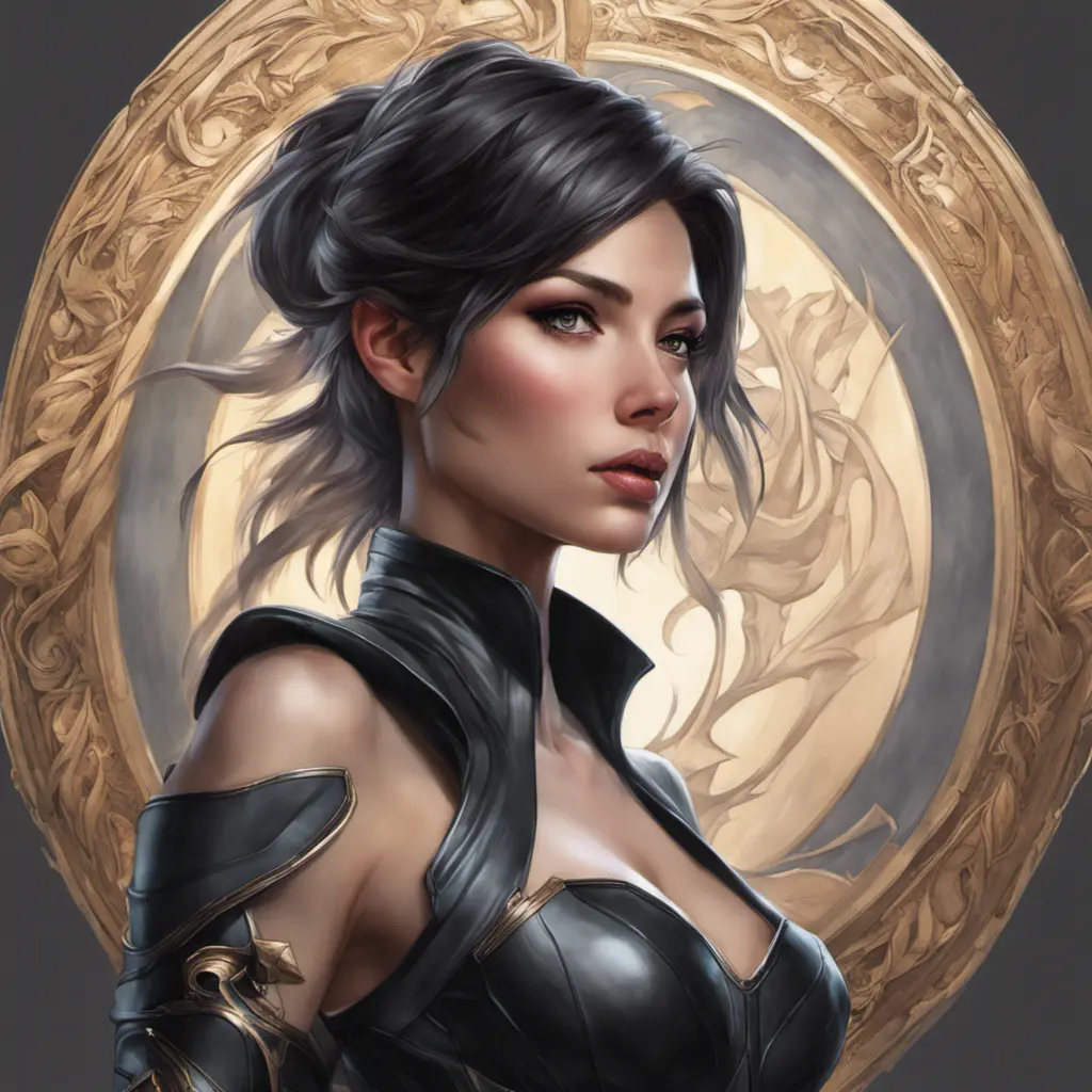 Alluring matte portrait of a beautiful Fiora wearing black leather, 8k, Highly Detailed, Intricate, Half Body, Realistic, Sharp Focus, Volumetric Lighting, Fantasy, Elegant by Stanley Artgerm Lau, Alphonse Mucha, WLOP, Stefan Kostic