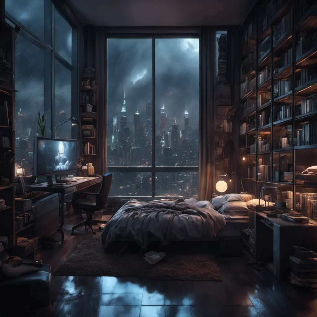 Beautiful cozy, tiny, cramped bedroom with floor to ceiling glass windows overlooking a cyberpunk city at night, view from top of skyscraper, bookshelves, thunderstorm outside with torrential rain, 8k, Highly Detailed, Photo Realistic, Dark, Gloomy