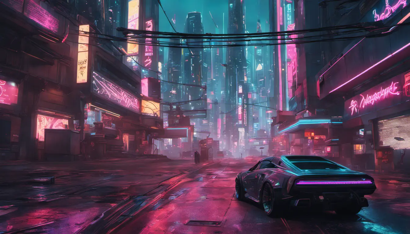 Neon city lights of Cyberpunk 2077, Highly Detailed, Intricate, Artstation, Beautiful, Digital Painting, Sharp Focus, Concept Art, Elegant