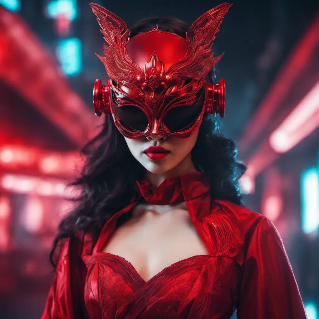 Asian cyberpunk feme fatale in expensive red dress with mask at a masquerade ball smart but dangerous in a high-tech club., Cyberpunk, Photo Realistic