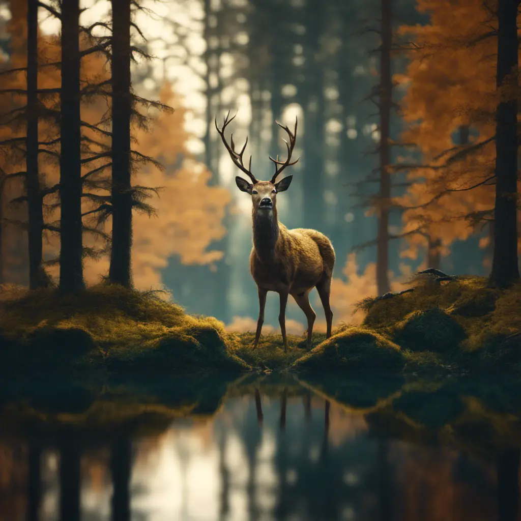 A deer among the trees, forest lake, moss, cold weather, dark teal and amber, Cinematic Lighting, Volumetric Lighting