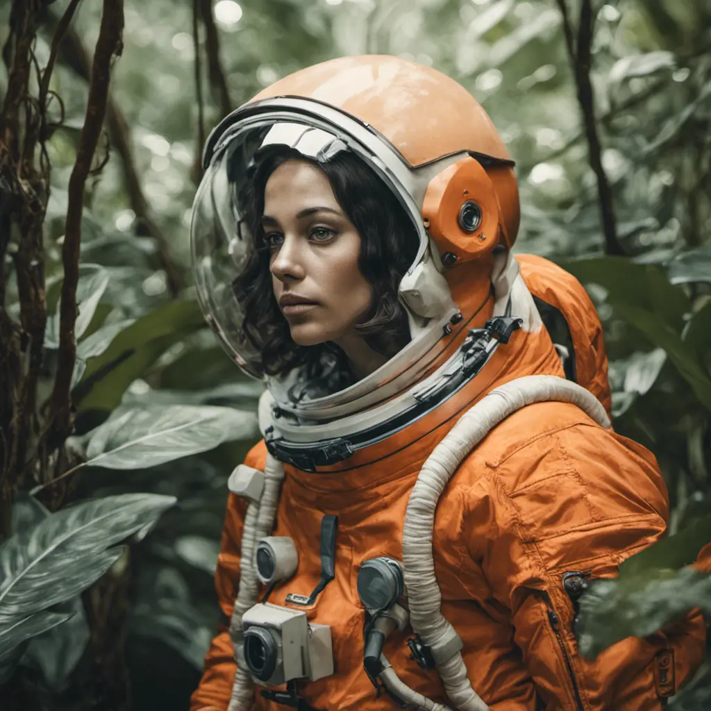 Medium-full shot, muted photo portrait titled "female Astronaut in a Jungle", tangerine space suit, muted palette, reflections, 8k, Highly Detailed