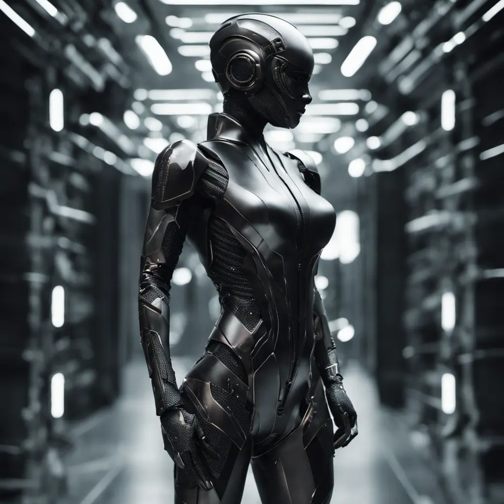 An ultrarealistic photograph of a minimalist futuristic full body power suit, without lights, made of black mate metal and polymer, full crystal hull, for a fit imposing woman, 8k, Dystopian, Modern, Minimalism, Elegant, Dark