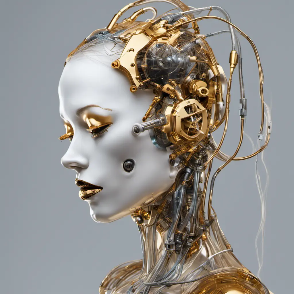 Profile Photography of a cyborg woman head without body, connected by cables and wires and LED, an attractive transparent gold plexiglass body punk PLC Robots with silver motor head, with ray guns, 80 degree view, Cybernatic and Sci-Fi by Salvador Dali, James Jean, Natalie Shau