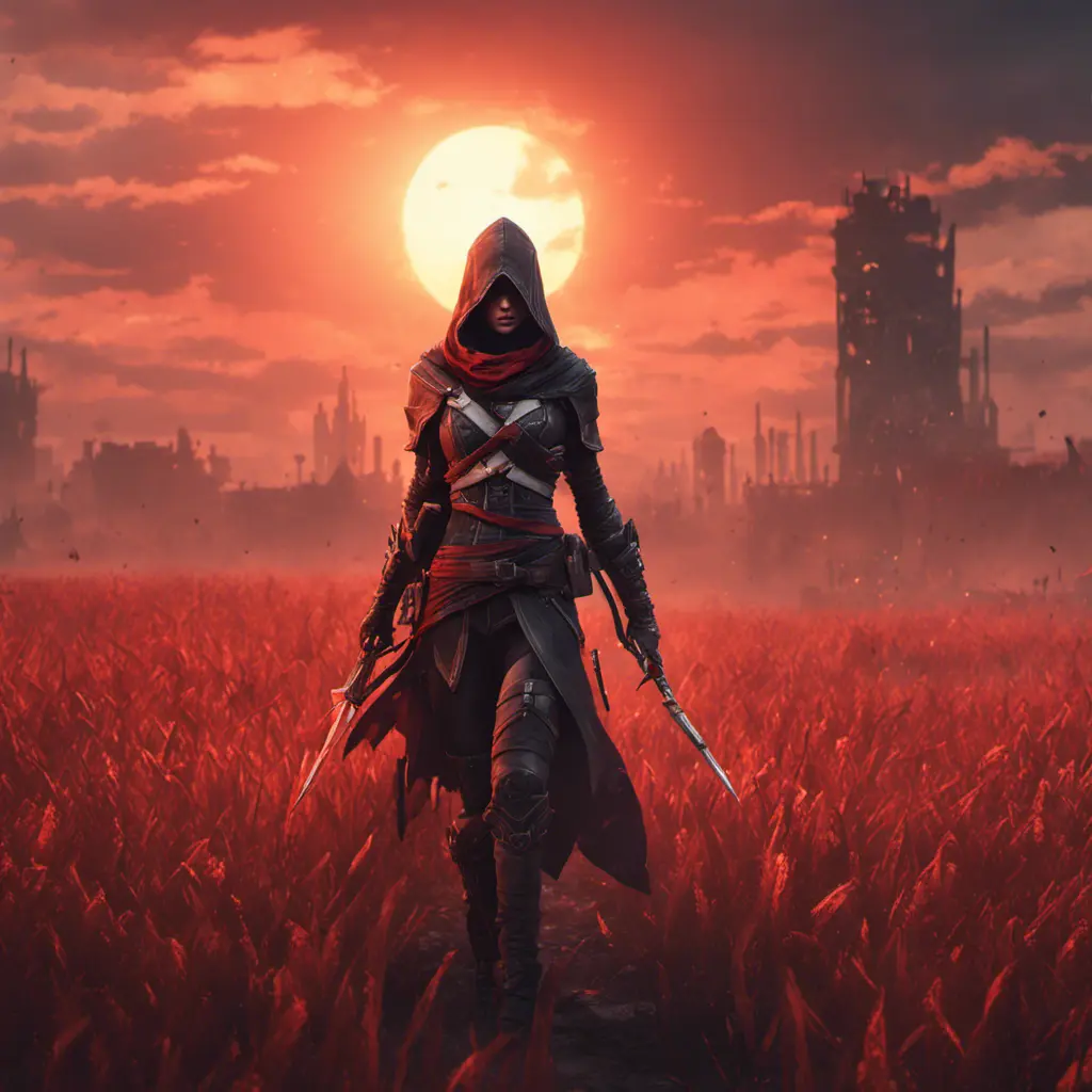 Female assassin creed emerging from a batte field. Sky is colored by a red sun set., 8k, Dystopian, Trending on Artstation, Volumetric Lighting