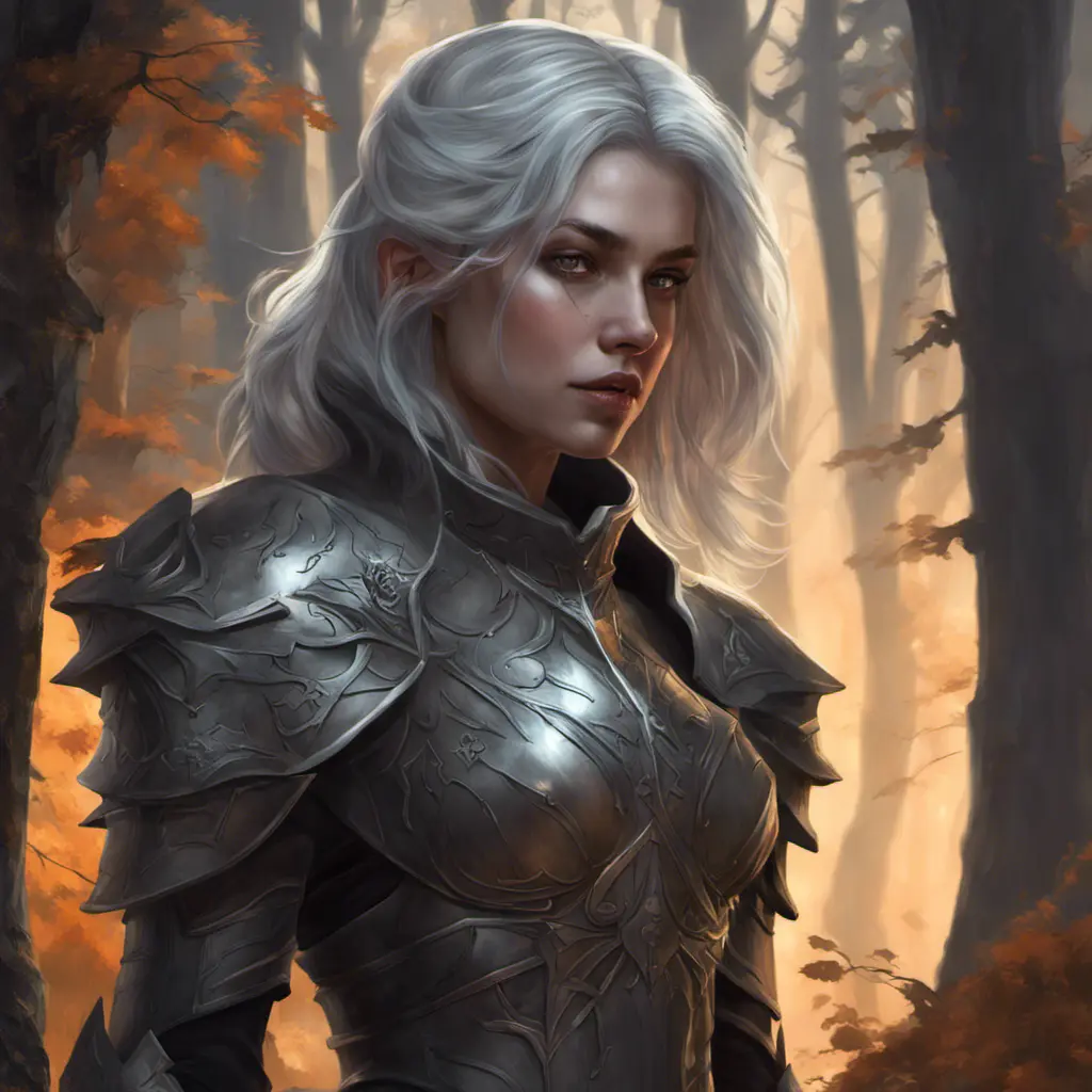 Ashen haired female paladin in a haunted forest, Highly Detailed, Intricate, Gothic, Volumetric Lighting, Fantasy, Dark by Stanley Artgerm Lau