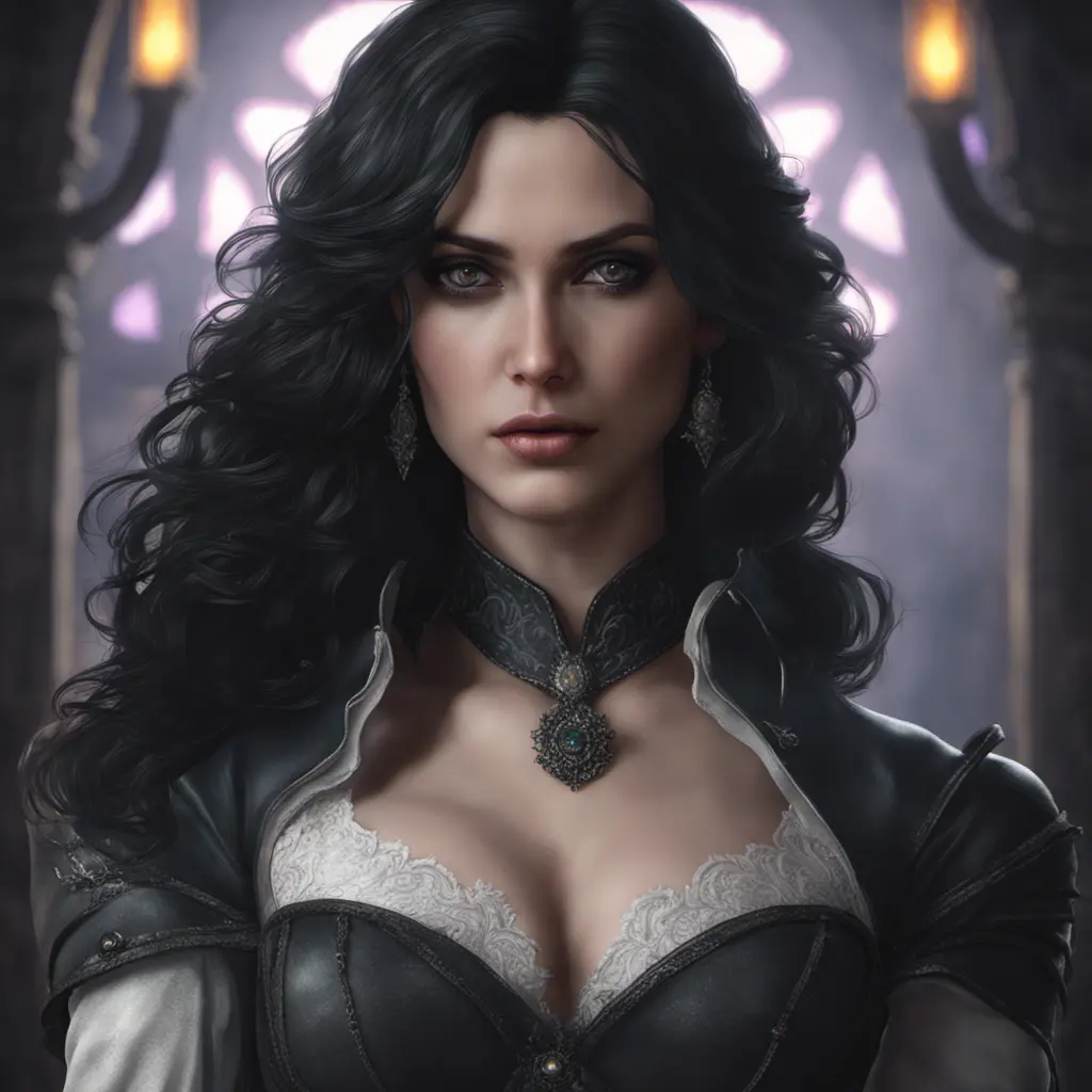 Alluring matte portrait of a beautiful Yennefer from the Witcher in the style of Stefan Kostic, 8k, Highly Detailed, Intricate, Half Body, Realistic, Sharp Focus, Volumetric Lighting, Fantasy, Elegant by Stanley Artgerm Lau, Greg Rutkowski