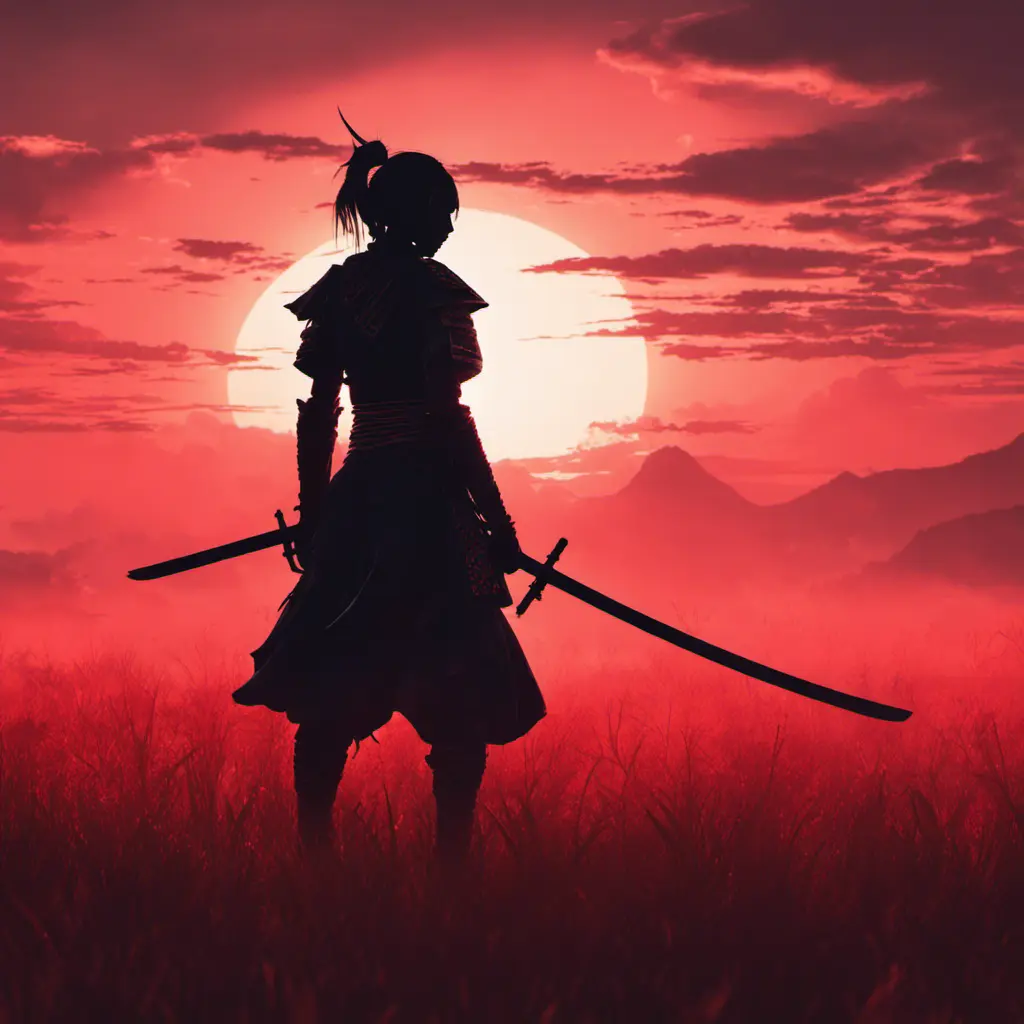 Silhouette of a samurai female assassin on a batte field. Sky is colored by a red sun set., 8k, Dystopian, Trending on Artstation, Volumetric Lighting