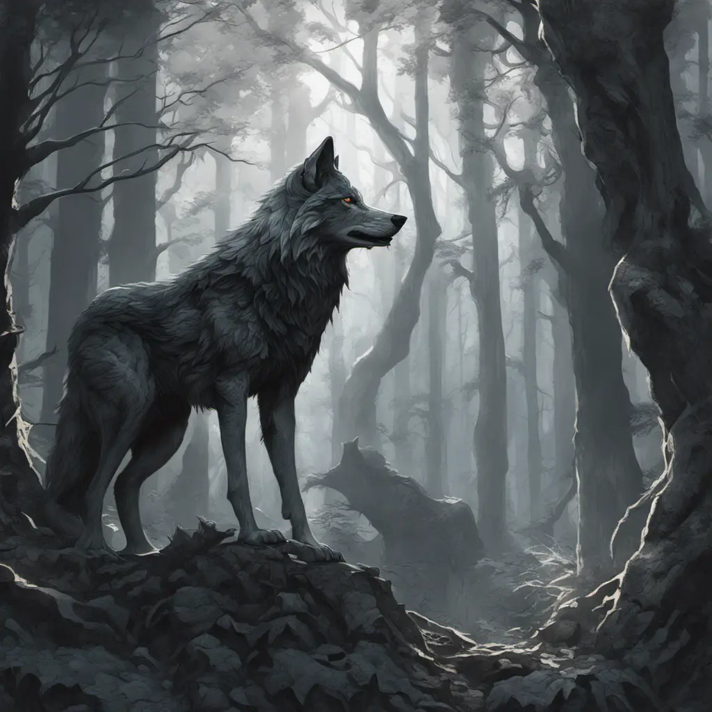 Wolf in the forest, Highly Detailed, Intricate, Gothic, Volumetric Lighting, Fantasy, Dark by Stanley Artgerm Lau