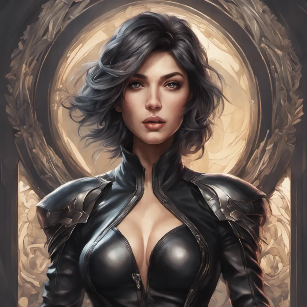 Alluring matte portrait of a beautiful Fiora wearing black leather, 8k, Highly Detailed, Intricate, Half Body, Realistic, Sharp Focus, Volumetric Lighting, Fantasy, Elegant by Stanley Artgerm Lau, Alphonse Mucha, WLOP, Stefan Kostic