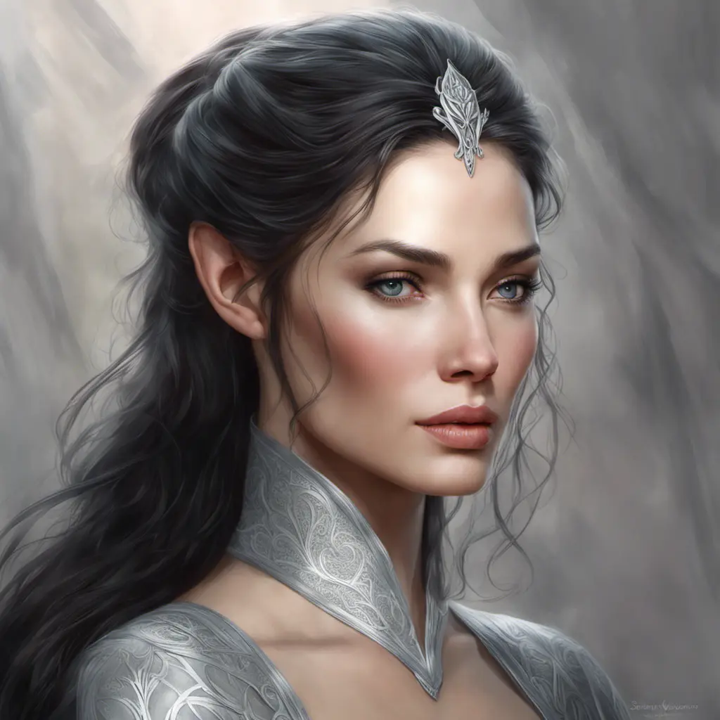 Alluring matte portrait of a beautiful Arwen in the style of Stefan Kostic, 8k, Highly Detailed, Intricate, Half Body, Realistic, Sharp Focus, Volumetric Lighting, Fantasy, Elegant by Stanley Artgerm Lau, Greg Rutkowski