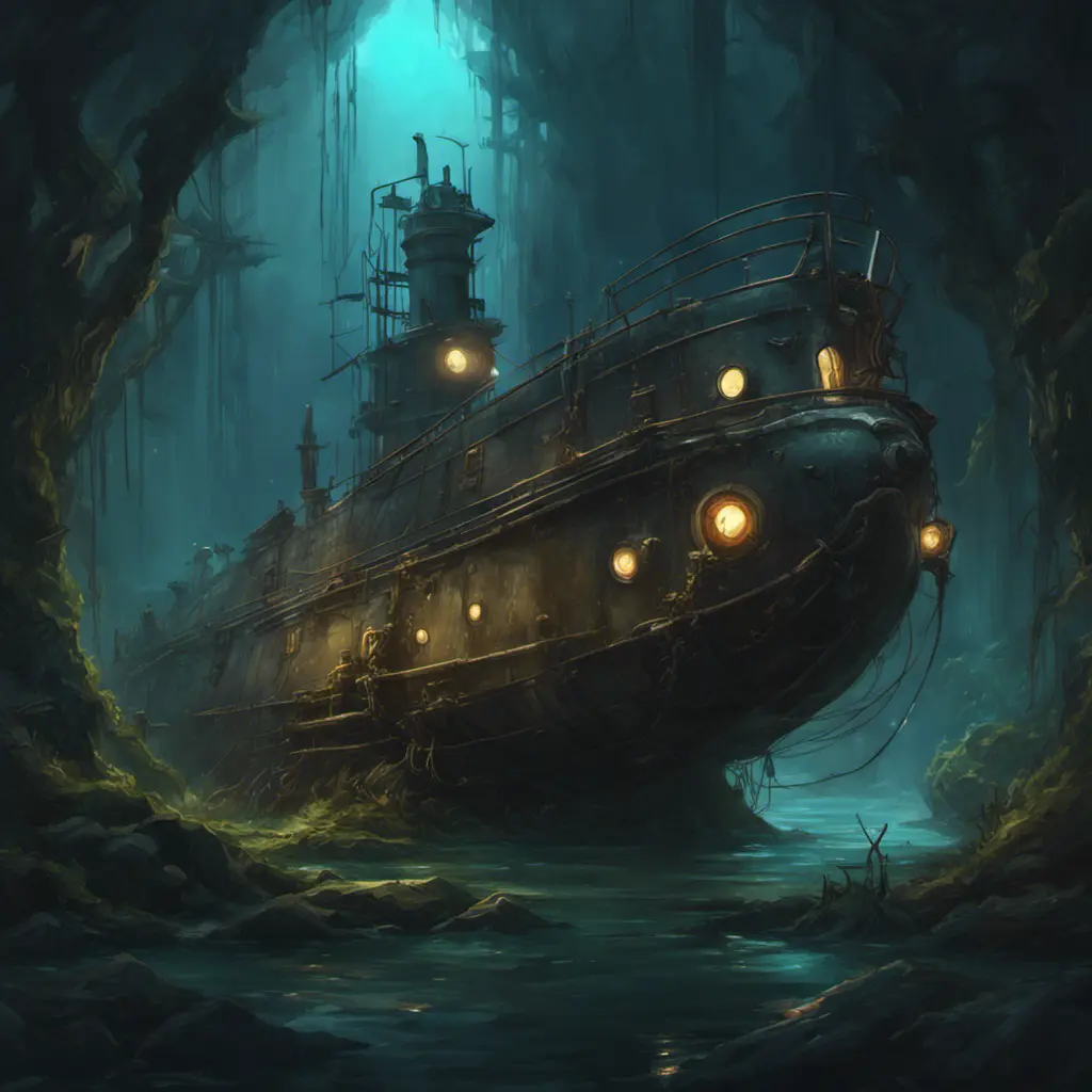 Beached steampunk submarine shipwreck in swamp,  dark atmosphere, night, mijn, highly detailed, digital painting, artstation, concept art, smooth, sharp focus, illustration, art by artgerm and greg rutkowski and alphonse mucha, erte, 8 k, Highly Detailed, Artstation, Digital Painting, Illustration, Sharp Focus, Smooth, Concept Art by Stanley Artgerm Lau, Greg Rutkowski