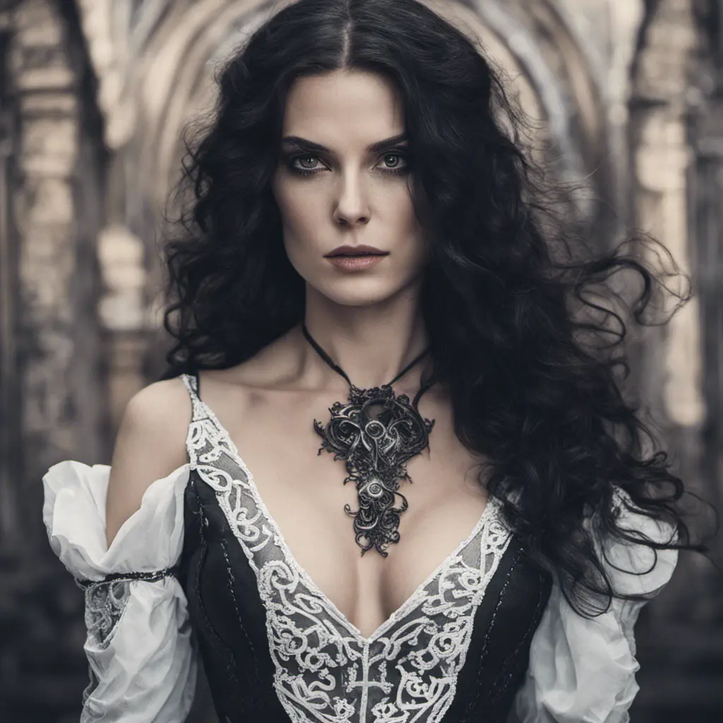 Annalena Baerbock as yennefer of vengerberg, tight dress, Intricate Details, Gothic and Fantasy, Volumetric Lighting