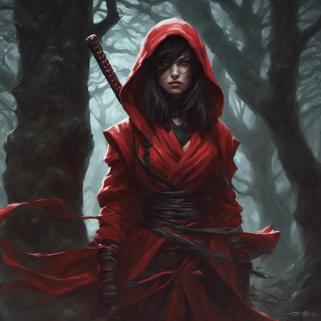 Red hooded female ninja in a haunted forest, Highly Detailed, Intricate, Gothic, Volumetric Lighting, Fantasy, Dark by Stanley Artgerm Lau