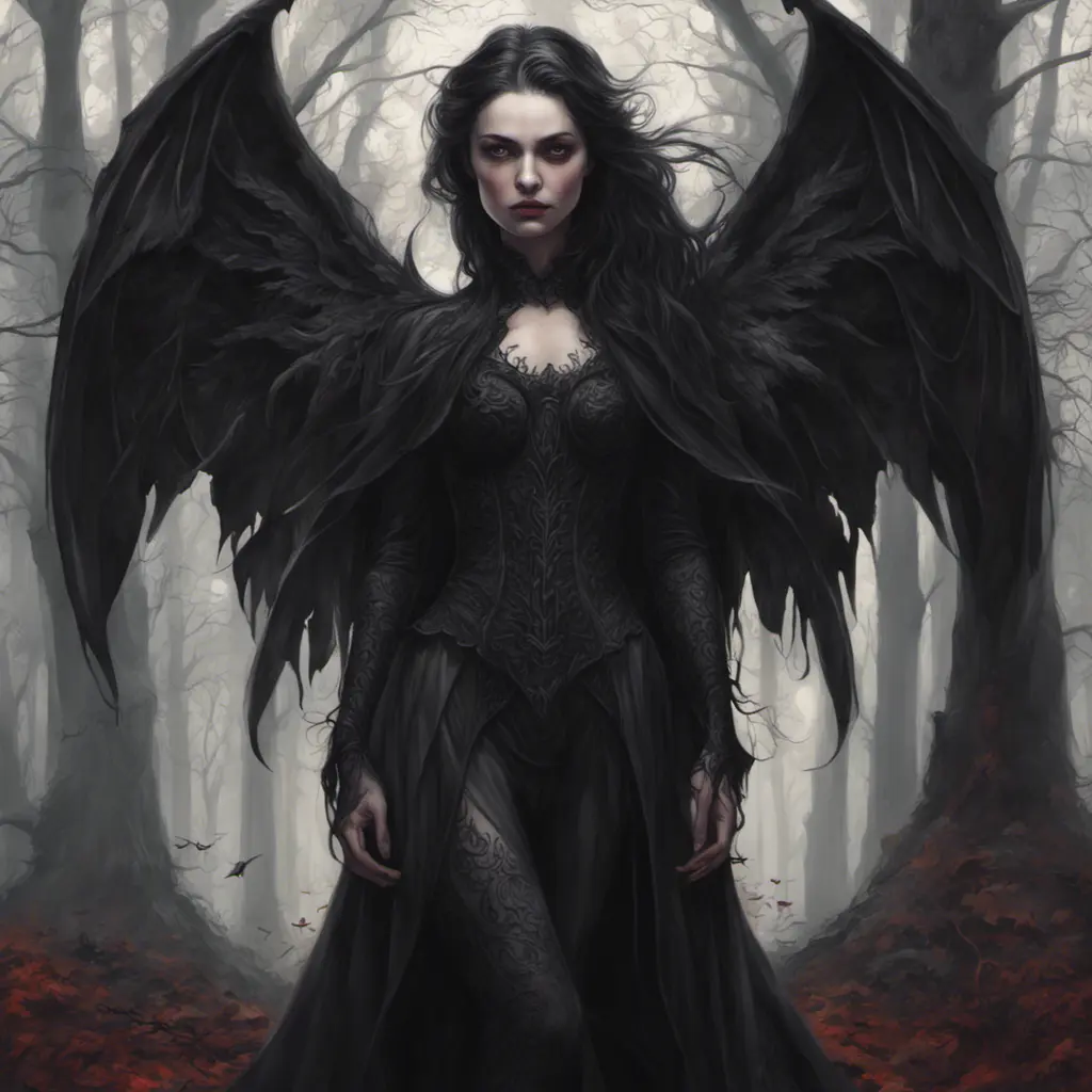 Winged vampiress in a haunted forest, Highly Detailed, Intricate, Gothic, Volumetric Lighting, Fantasy, Dark by Stanley Artgerm Lau