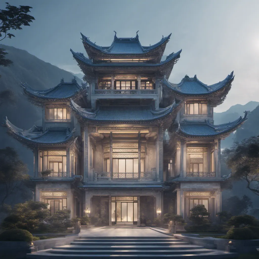 A gorgeous Chinese - style high - rise villa stands in the valley, luxurious majestic silver - grey blue antique palace, 8k, HD, High Definition, Soft Lighting