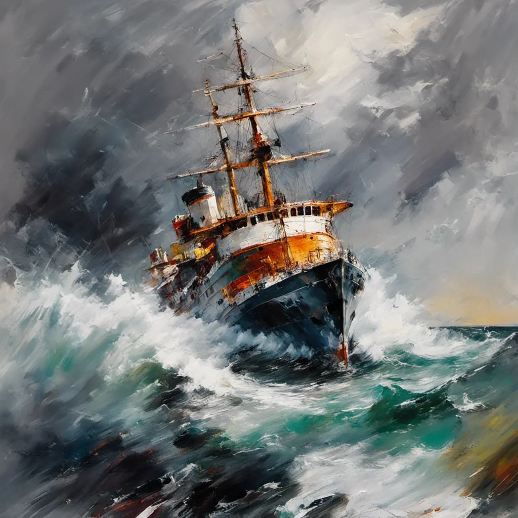 Seascape, ship on the high seas, storm, high waves, colored ink , Stunning, Stormy Day, Volumetric light effect, Grayscale, Vibrant Colors by Michael Garmash, Loui Jover