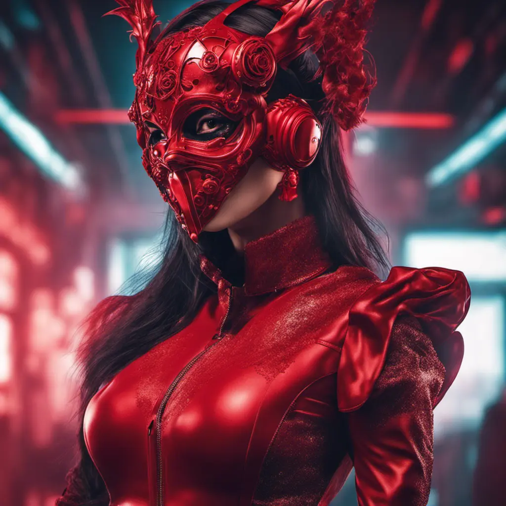 Asian cyberpunk feme fatale in expensive red dress with mask at a masquerade ball smart but dangerous in a high-tech club., Cyberpunk, Photo Realistic