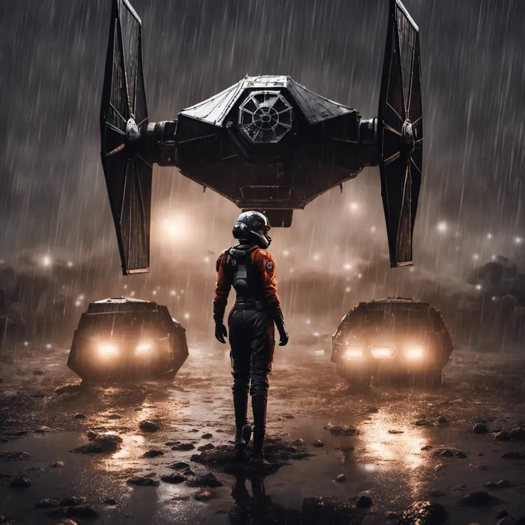 Digital art of a female TIE fighter pilot in the mud and rain on a landing pad at night, Unreal Engine, Volumetric Lighting