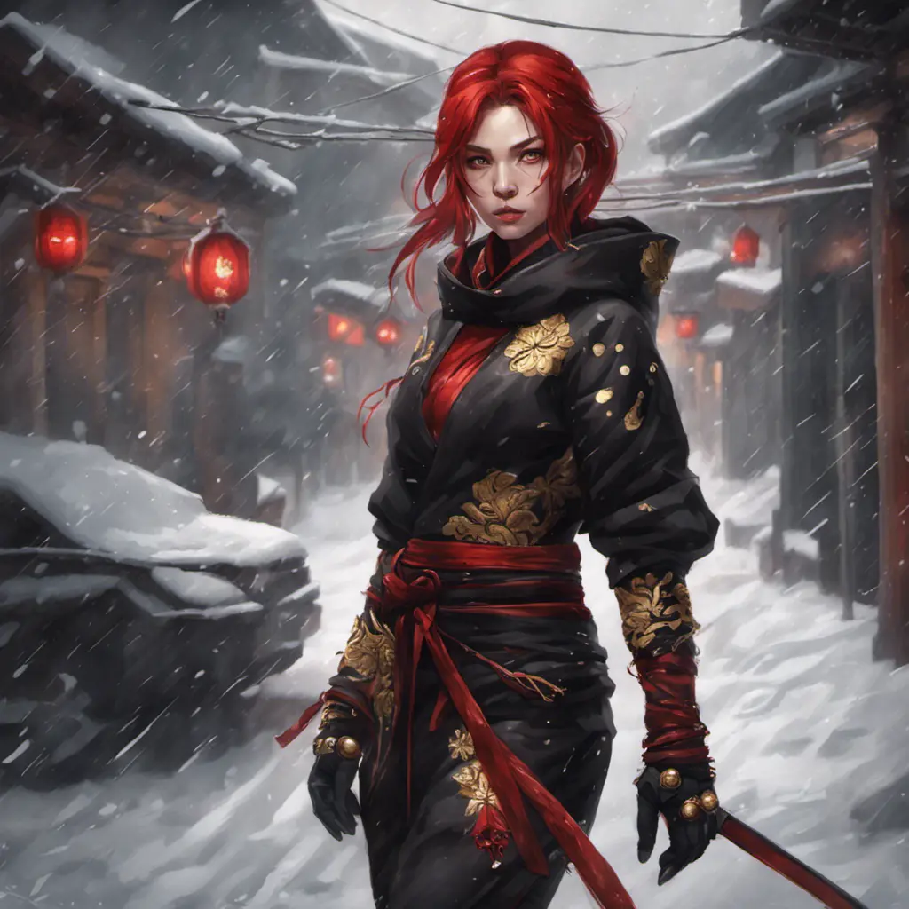 Mysterious beautiful kunoichi ninja wearing black, red, and gold jewelry in the streets of a dark snowy town in russia, 8k, Intricate Details, Trending on Artstation, Red Hair by Stanley Artgerm Lau, WLOP