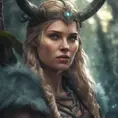 Closeup of a beautiful female viking in a magical forest, 4k, Highly Detailed, Masterpiece, Pretty Face, Digital Illustration, Cinematic Lighting, Realistic, Sharp Focus, Centered, Beautifully Lit, Bioluminescent by Stanley Artgerm Lau