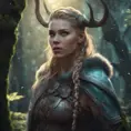 Closeup of a beautiful female viking in a magical forest, 4k, Highly Detailed, Masterpiece, Pretty Face, Digital Illustration, Cinematic Lighting, Realistic, Sharp Focus, Centered, Beautifully Lit, Bioluminescent by Stanley Artgerm Lau