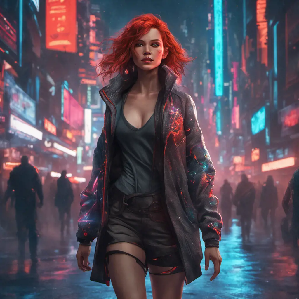 full body shot, beautiful woman walking with beatiful and detailed eyes, dynamic pose, slightly athletic beatiful body, medium-sized chest, detailed attire, Hyper Detailed, Intricate Artwork, Masterpiece, Cybernatic and Sci-Fi, Cyberpunk, Freckles, Full Lips, Red Hair, Smiling, Digital Illustration, Cityscape, Blade Runner 2049, Neon light effect, Realistic, Sharp Focus, Wide Angle, Neon, Dripping Colors, Matte, Futurism, Artwork, Dieselpunk, Colorful, Dynamic, Elegant, Expressive, Graceful, Hot, Gloomy, Sad, Stormy, Terrifying, Tired