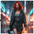 full body shot, beautiful woman walking with beatiful and detailed eyes, dynamic pose, slightly athletic beatiful body, medium-sized chest, detailed attire, Hyper Detailed, Intricate Artwork, Masterpiece, Cybernatic and Sci-Fi, Cyberpunk, Freckles, Full Lips, Red Hair, Smiling, Digital Illustration, Cityscape, Blade Runner 2049, Neon light effect, Realistic, Sharp Focus, Wide Angle, Neon, Dripping Colors, Matte, Futurism, Artwork, Dieselpunk, Colorful, Dynamic, Elegant, Expressive, Graceful, Hot, Gloomy, Sad, Stormy, Terrifying, Tired