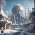 Futuristic galactic elven city in winter, 8k, Award-Winning, Highly Detailed, Beautiful, Octane Render, Unreal Engine, Radiant, Volumetric Lighting by James Gurney, Greg Rutkowski