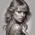 Matte portrait of Taylor Swift with colored tattoos, 4k, Highly Detailed, Powerful, Alluring, Artstation, Magical, Digital Painting, Photo Realistic, Sharp Focus, Grayscale, Volumetric Lighting, Concept Art by Stanley Artgerm Lau, Alphonse Mucha, Greg Rutkowski