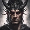 Head of a man with black hair wearing a horned crown, 4k resolution, Ultra Detailed, Closeup of Face, Gothic and Fantasy, Gothic, Horns, Large Eyes, Strong Jaw