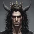 Head of a man with black hair wearing a horned crown, 4k resolution, Ultra Detailed, Closeup of Face, Gothic and Fantasy, Gothic, Horns, Large Eyes, Strong Jaw