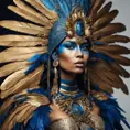 A tan skin Mayan queen all blue and gold elaborate outfit, with huge headpiece center piece, blue/gold makeup with oversized headdress with long bird feathers, with depth of field, fantastical edgy and regal themed outfit, Minimalism, Vibrant Colors, Fantasy