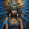 A tan skin Mayan queen all blue and gold elaborate outfit, with huge headpiece center piece, blue/gold makeup with oversized headdress with long bird feathers, with depth of field, fantastical edgy and regal themed outfit, Minimalism, Vibrant Colors, Fantasy