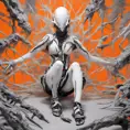 Ethereal minimalist Alien race cybergoth fashion photography painting, in the style of fluorecent orange  ,pearl_white  black  and silver , heavy use of palette knives, full body wide shot painting of teachment , Intricate, Sharp Focus, Concept Art