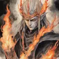 Sauron from LOTR in his elven form in flames and smoke in naruto, Watercolor, Anime, Dark