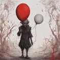 dark aesthetic, A creepy dark humanoid figure, holding a red balloon, scary, eerie, stunning fantasy illustration, Intricate Details, Fantasy, Dark