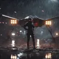 Digital art of a female TIE fighter pilot in the mud and rain on a landing pad at night, Unreal Engine, Volumetric Lighting