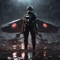 Digital art of a female TIE fighter pilot in the mud and rain on a landing pad at night, Unreal Engine, Volumetric Lighting
