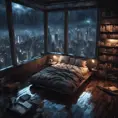 Beautiful cozy, tiny, cramped bedroom with floor to ceiling glass windows overlooking a cyberpunk city at night, view from top of skyscraper, bookshelves, thunderstorm outside with torrential rain, 8k, Highly Detailed, Photo Realistic, Dark, Gloomy