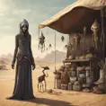 Very slim and tall female alien creature merchant on a desert un the market of a alien planet, suspicious look, hooded, selling caged alien vermin, western shot, Hyper Realistic
