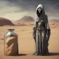 Very slim and tall female alien creature merchant on a desert un the market of a alien planet, suspicious look, hooded, selling caged alien vermin, western shot, Hyper Realistic