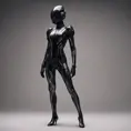 An ultrarealistic photograph of a minimalist futuristic full body power suit, without lights, made of black mate metal and polymer, full crystal hull, for a fit imposing woman, 8k, Dystopian, Modern, Minimalism, Elegant, Dark