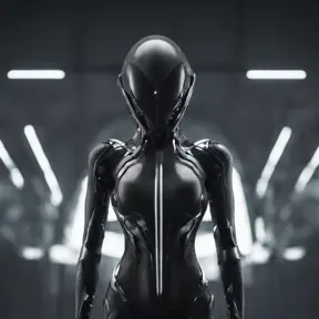 An ultrarealistic photograph of a minimalist futuristic full body power suit, without lights, made of black mate metal and polymer, full crystal hull, for a fit imposing woman, 8k, Dystopian, Modern, Minimalism, Elegant, Dark