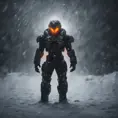 A alien soldier monster, distant full body portrait in a landscape, wearing black white orange lights, during a snow storm,,,ice, cold, dark lighting, depth of field, in a cold snowstorm, outdoors, night,, Intricate Details