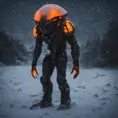 A alien soldier monster, distant full body portrait in a landscape, wearing black white orange lights, during a snow storm,,,ice, cold, dark lighting, depth of field, in a cold snowstorm, outdoors, night,, Intricate Details