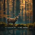 A deer among the trees, forest lake, moss, cold weather, dark teal and amber, Cinematic Lighting, Volumetric Lighting