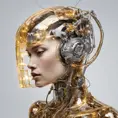 Profile Photography of a cyborg woman head without body, connected by cables and wires and LED, an attractive transparent gold plexiglass body punk PLC Robots with silver motor head, with ray guns, 80 degree view, Cybernatic and Sci-Fi by Salvador Dali, James Jean, Natalie Shau
