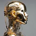 Profile Photography of a cyborg woman head without body, connected by cables and wires and LED, an attractive transparent gold plexiglass body punk PLC Robots with silver motor head, with ray guns, 80 degree view, Cybernatic and Sci-Fi by Salvador Dali, James Jean, Natalie Shau